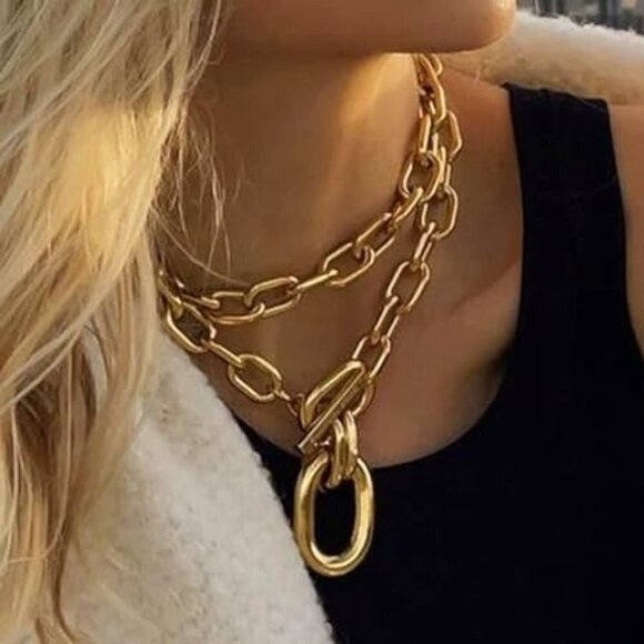 18K Gold Plated Layered Chunky Paperclip Toggle Link Necklace Set NWT - Picture 3 of 10
